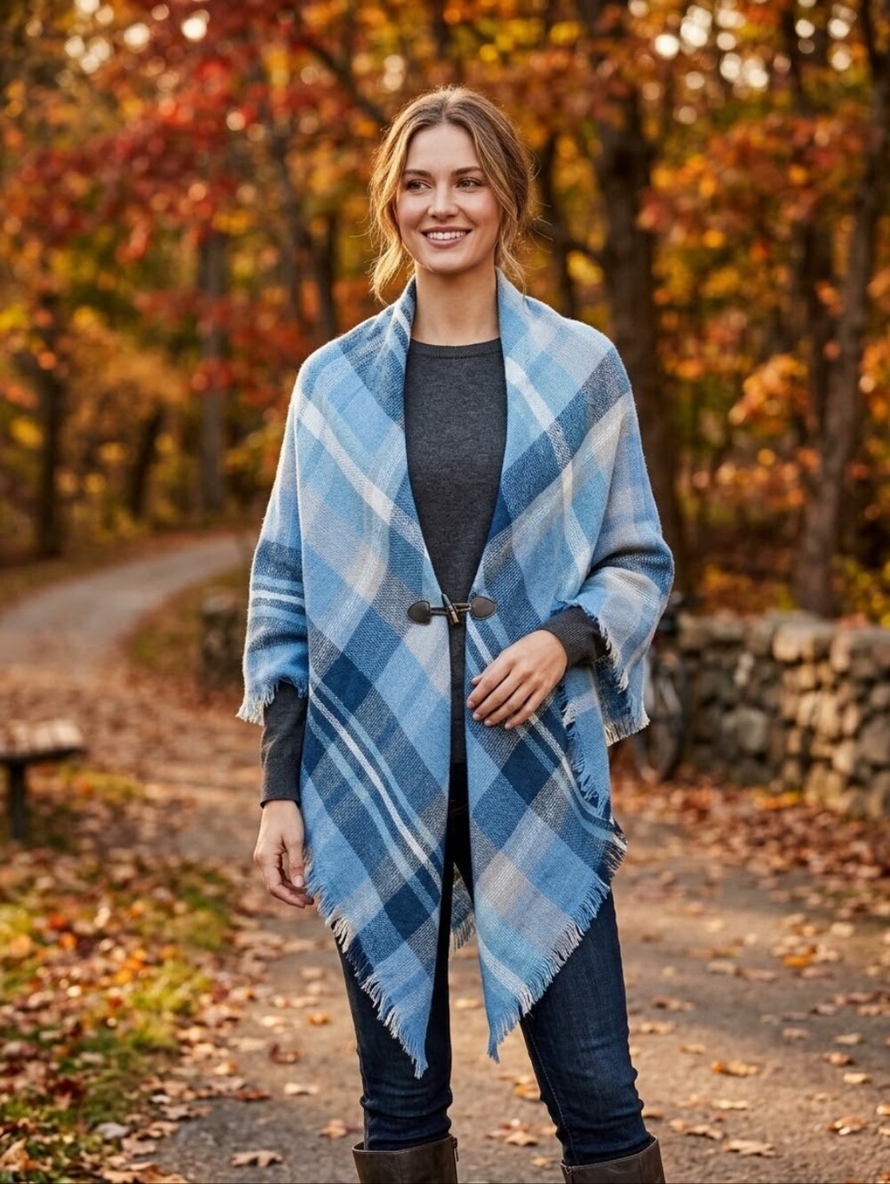 Blue Plaid Cottagecore Shawl Wrap with Toggle Closure
